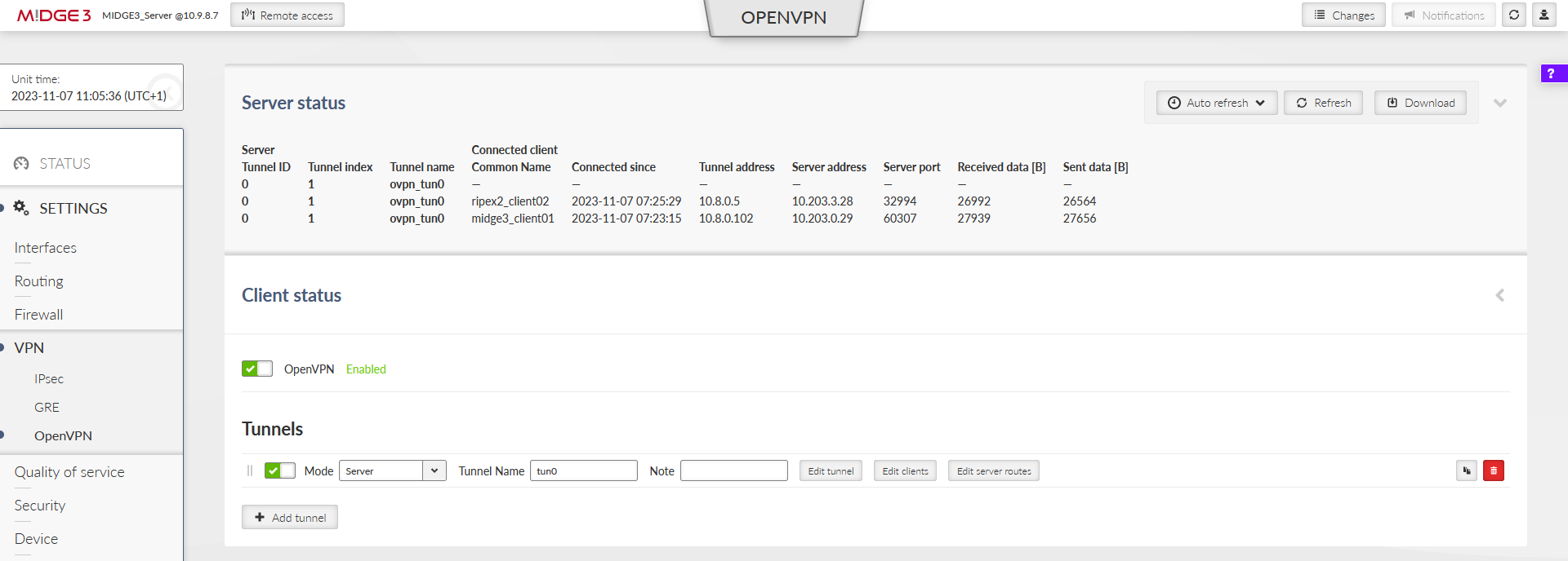 MIDGE3_Server OpenVPN Status