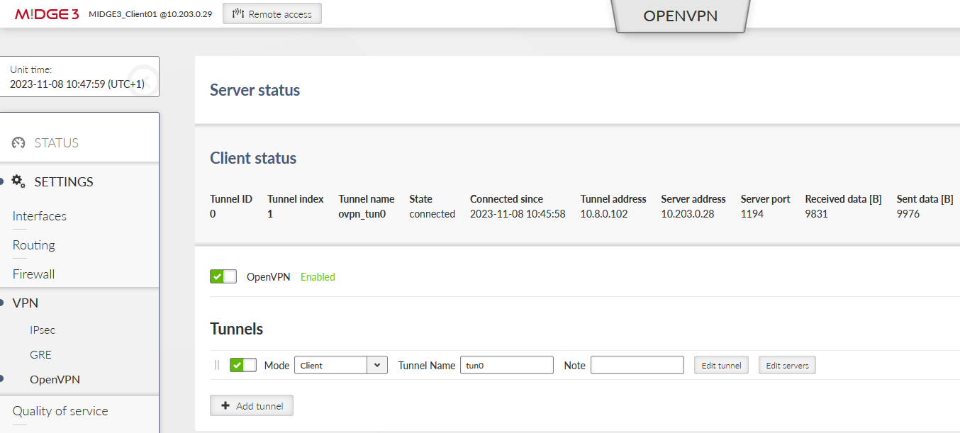 MIDGE3_Client01 OpenVPN connection via the cellular network