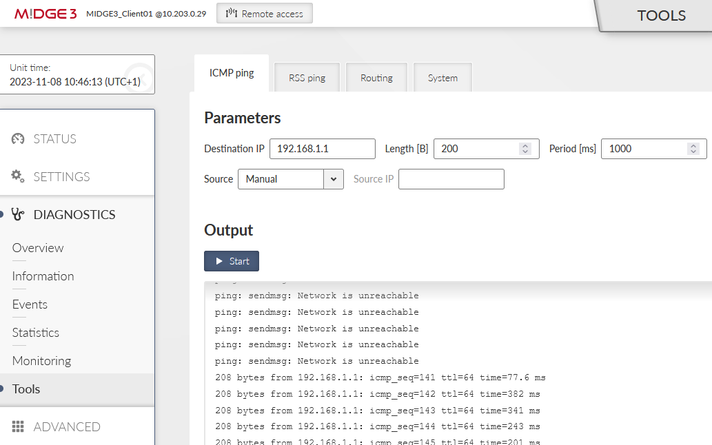 MIDGE3_Client01 ICMP ping working correctly