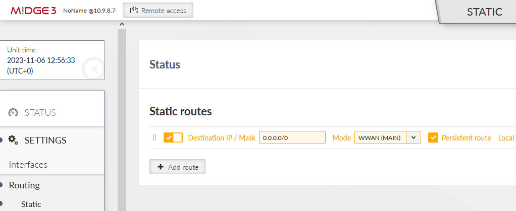 MIDGE3_Server Static routing