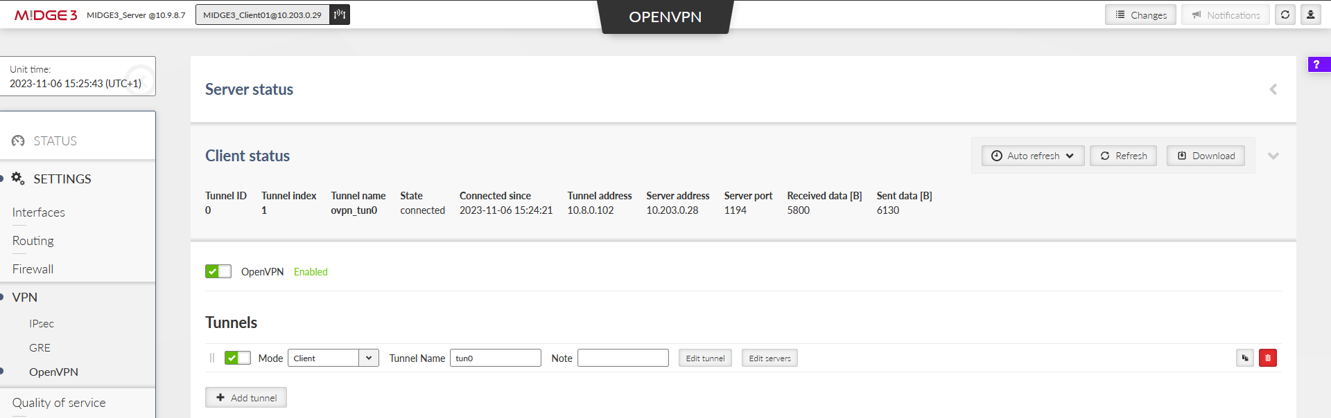 MIDGE3_Client01, successfully connected via OpenVPN