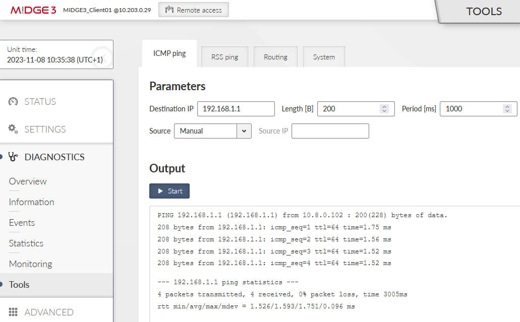 MIDGE3_Client01 ICMP ping to the server’s bridge IP