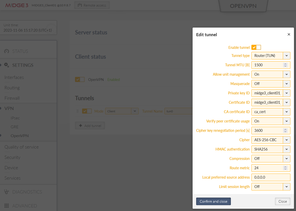 MIDGE3_Client01 OpenVPN tunnel parameters