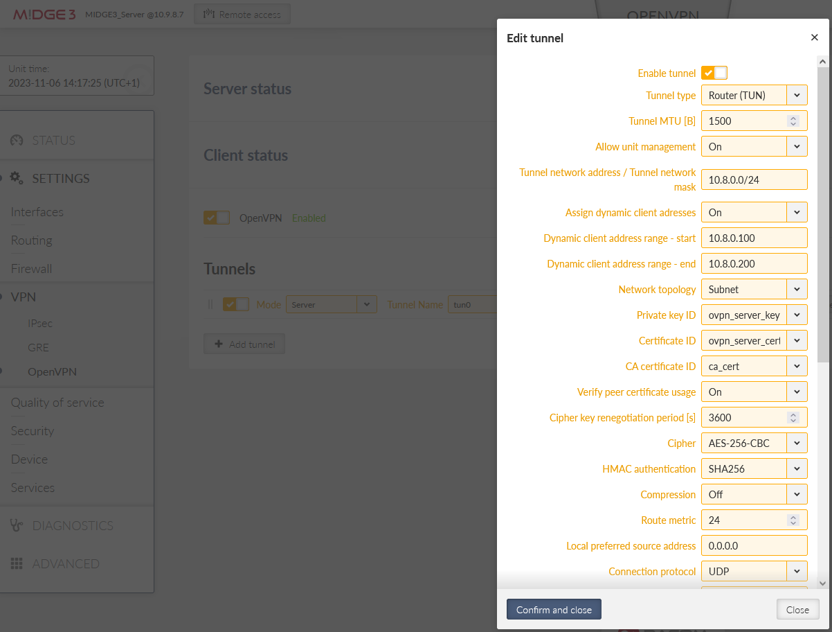 MIDGE3_Server, OpenVPN server settings