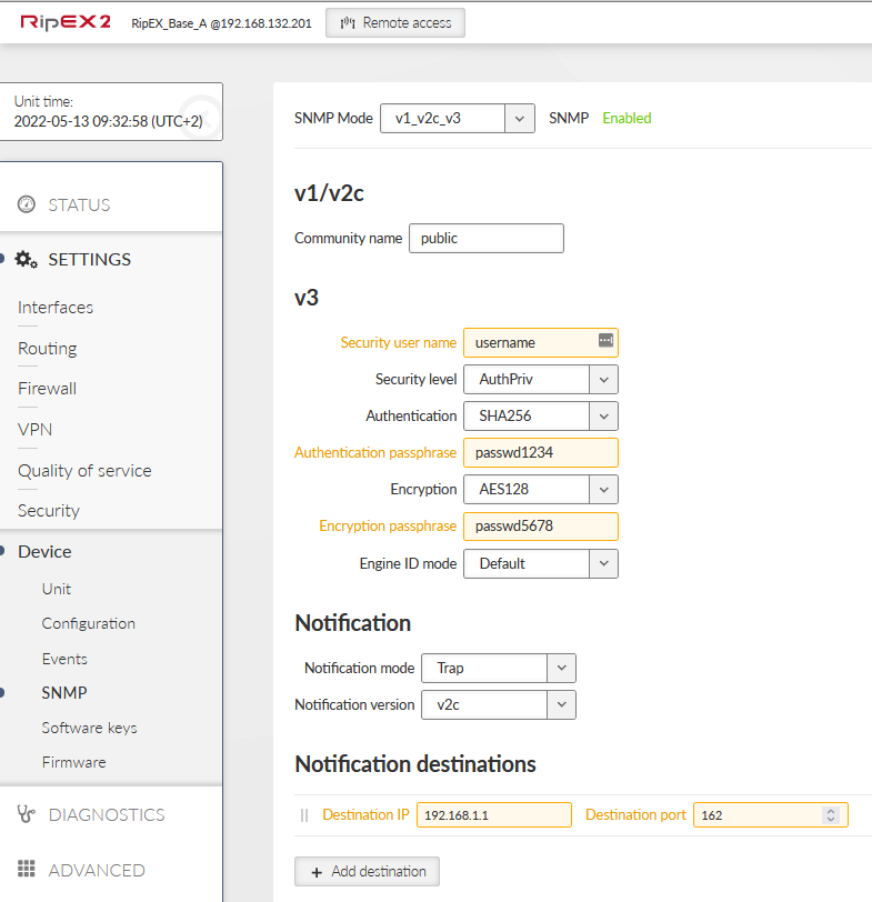 RipEX2 SNMP menu