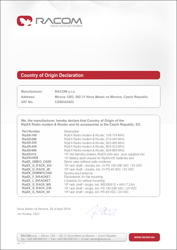 Country of Origin declaration for RipEX