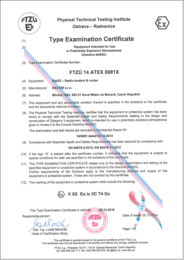 ATEX Certificate RipEX, 1/3