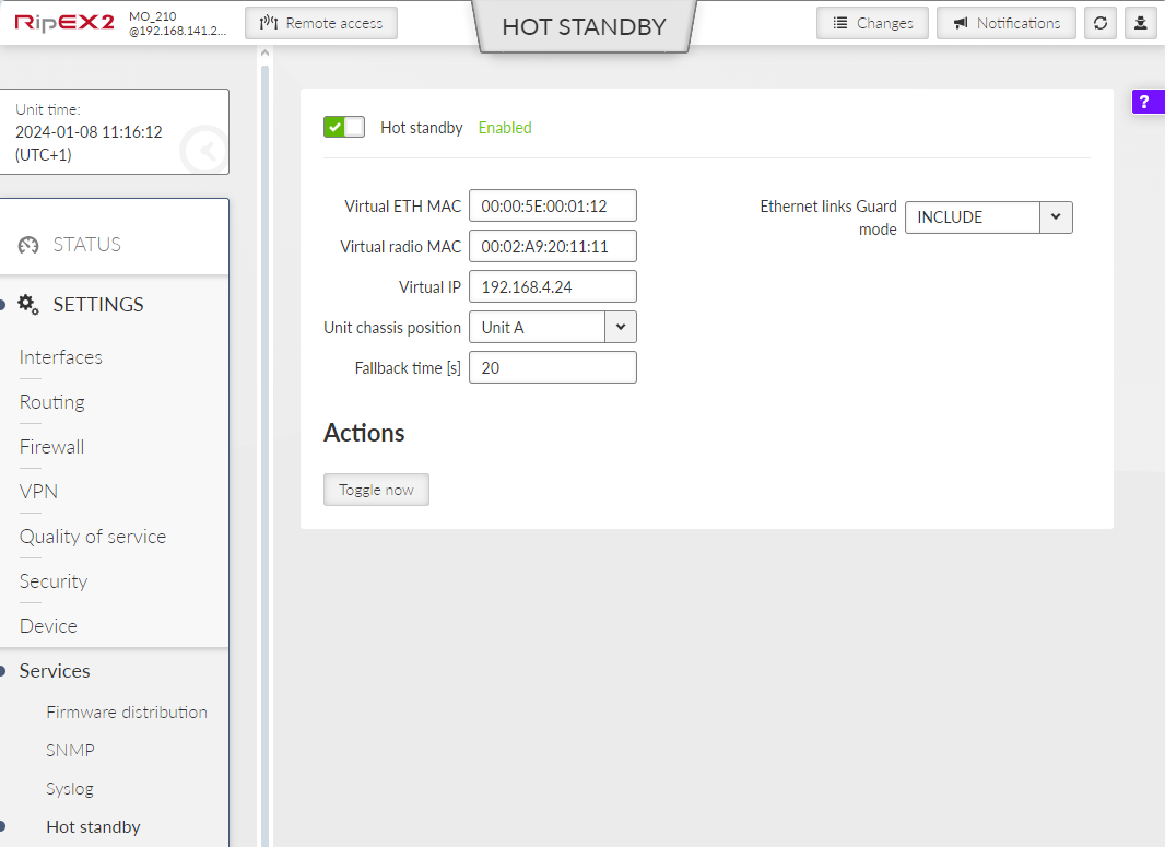 SETTINGS > Services > Hot standby