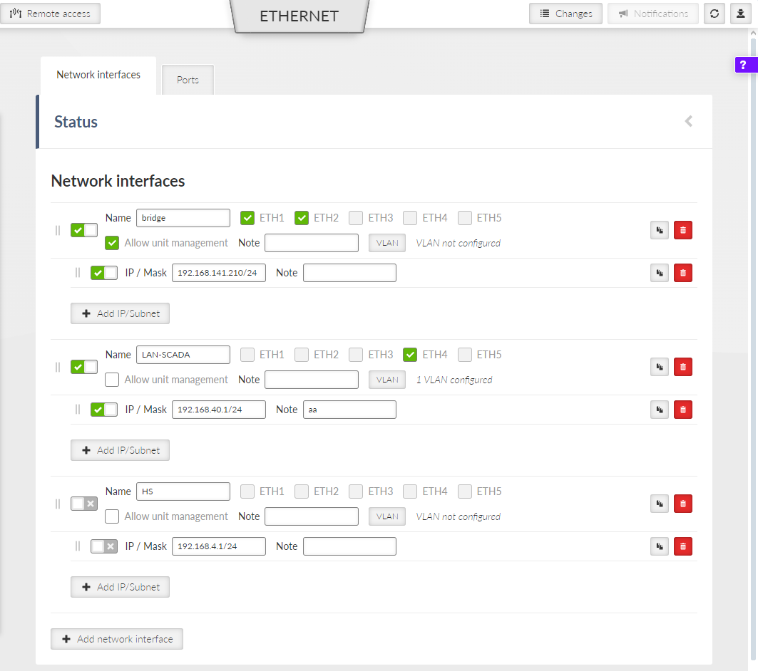 SETTINGS > Interface > Ethernet > Nework interfaces