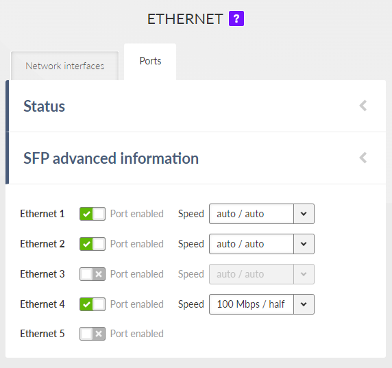 SETTINGS > Interface > Ethernet > Ports