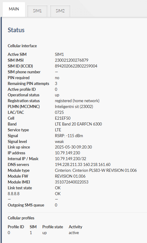 SETTINGS > Interfaces > Cellular > Status