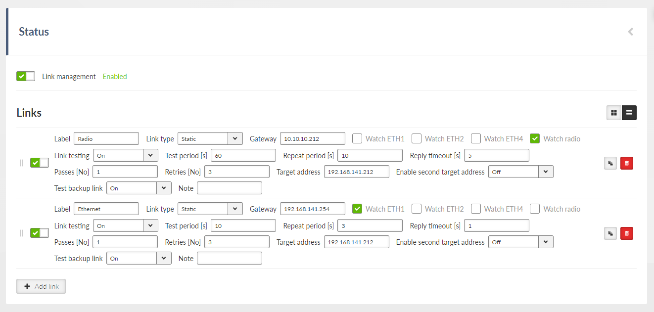 SETTINGS > Routing > Link management