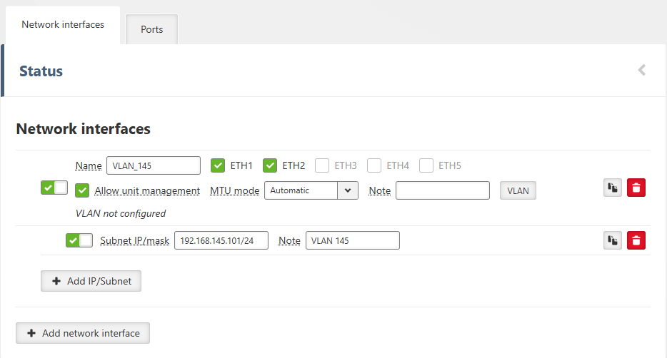 SETTINGS > Interfaces > Ethernet > Network interfaces
