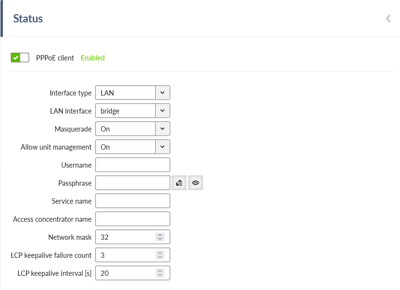 SETTINGS > Interfaces > PPPoE client