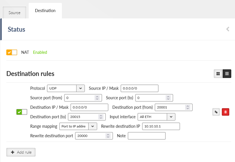 SETTINGS > Firewall > NAT > Destination