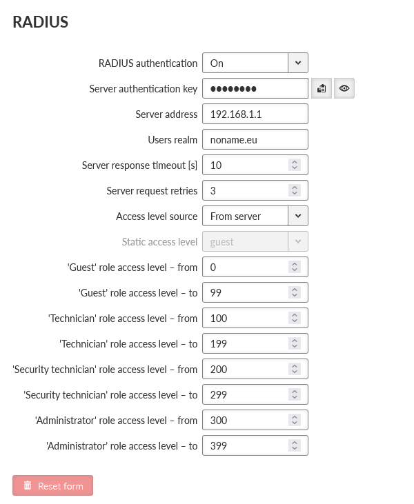 ADVANCED > Security > RADIUS