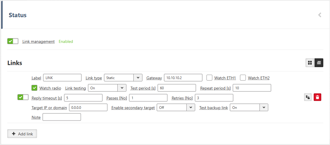 SETTINGS > Routing > Link management