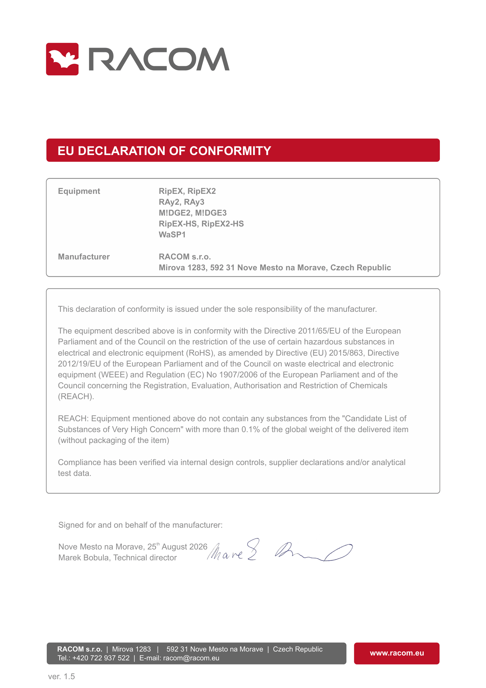 EU Declaration of Conformity RoHS, WEEE