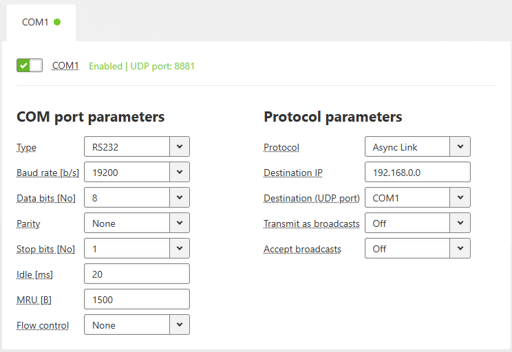 SETTINGS > Interfaces > COM