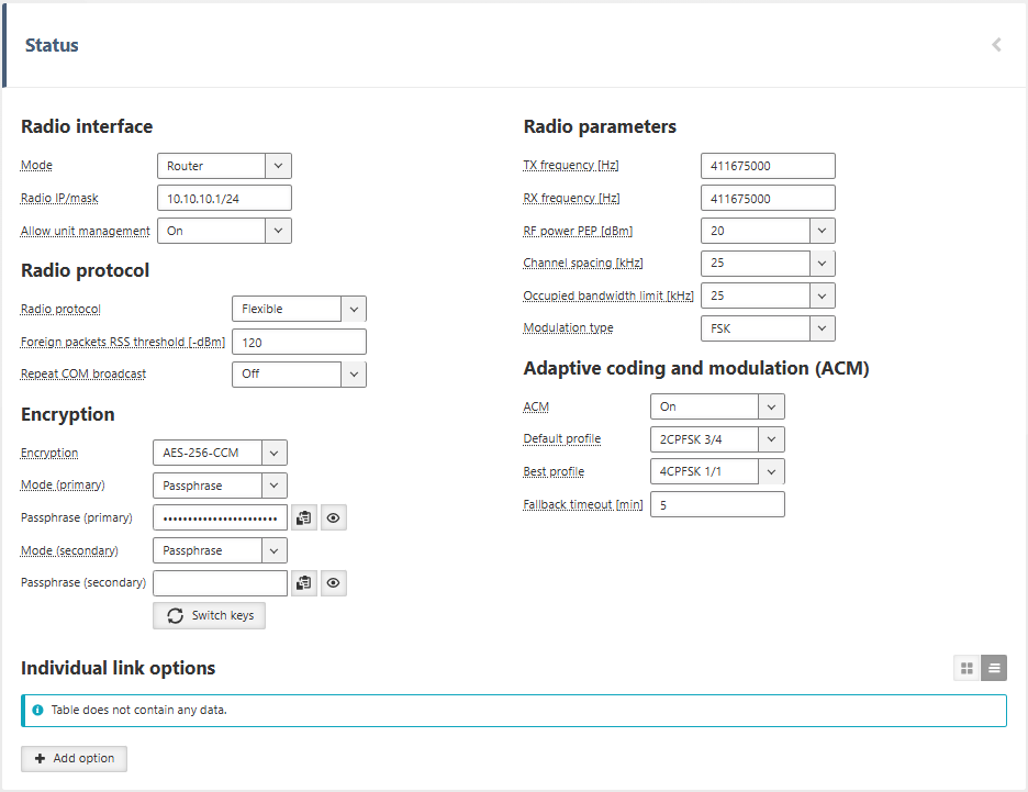 SETTINGS > Interfaces > Radio