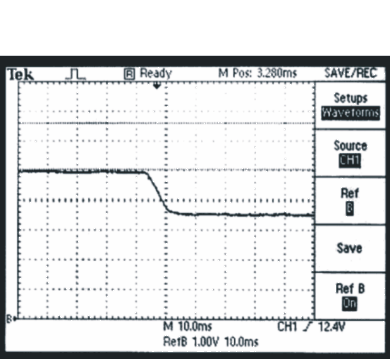 Průběh napětí na výstupu zdroje MS2000 při přechodu do zálohy (baterie 12 V / 12 Ah, I = 2 A)