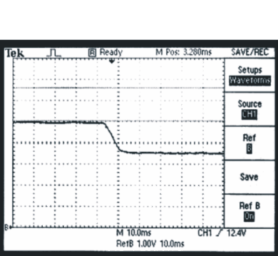 Voltage characteristic at the output of the MS2000 supply when changing over to back-up (battery 12 V / 12 Ah, I = 2 A)