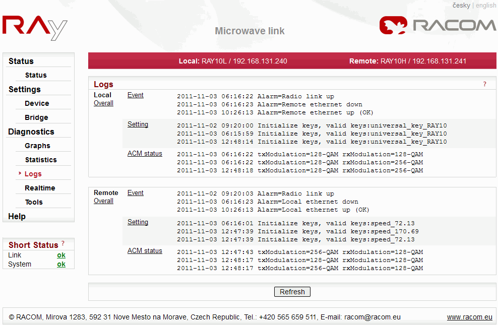 Menu Diagnostics Logs