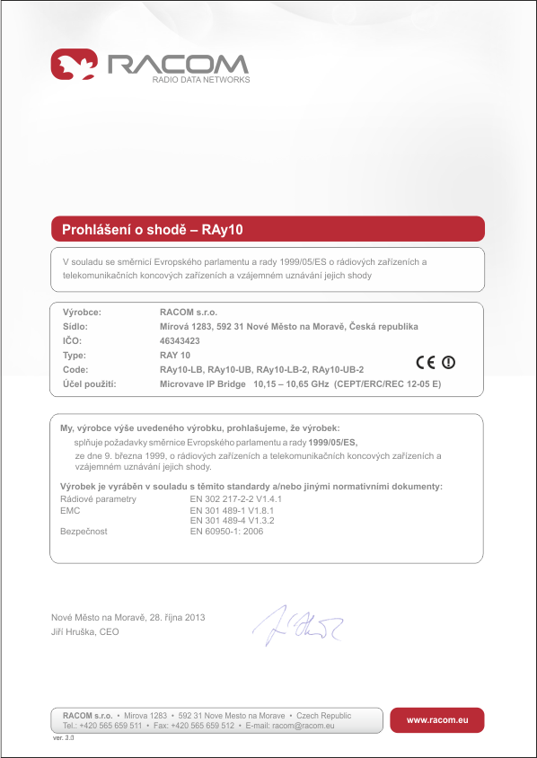 Prohlášení o shodě RAy10–xB (10.15 - 10.65 GHz)