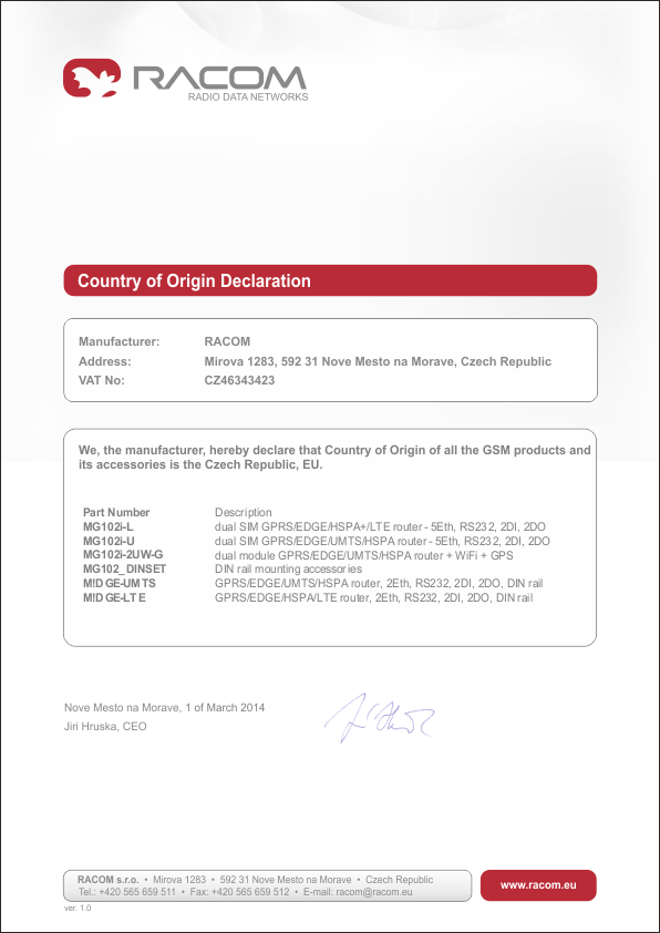 Country of Origin declaration