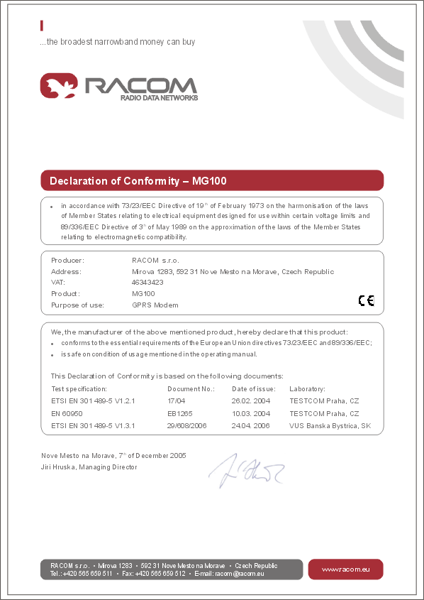 Consistency declaration MG100