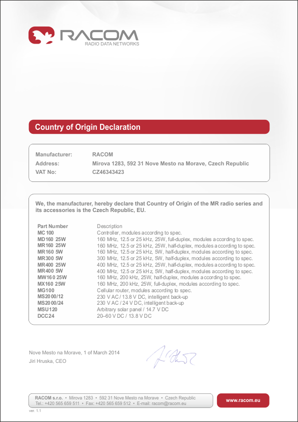 Country of Origin declaration for MS2000