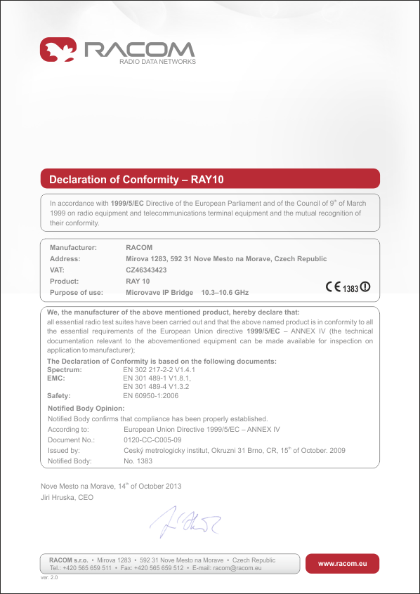 Declaration of conformity for RAy10–xA (10.3 - 10.6 GHz)