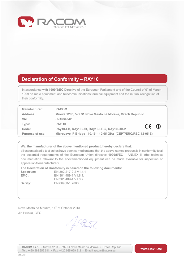 Declaration of conformity for RAy10–xB (10.15 - 10.65 GHz)