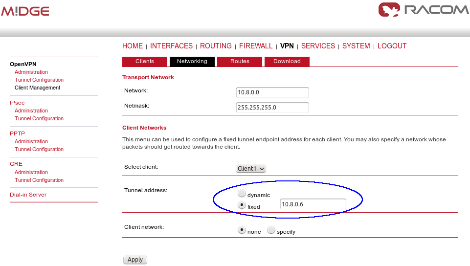 Fixed OpenVPN tunnel address for clients