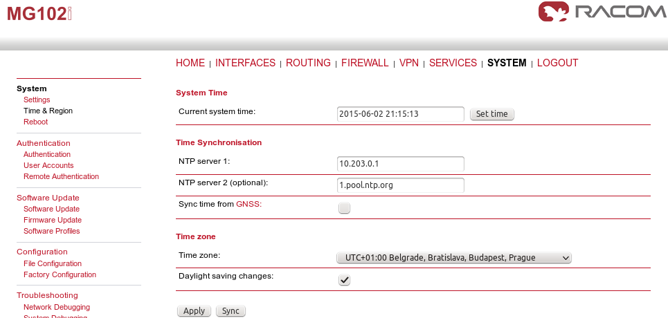 MG102i NTP configuration