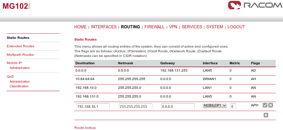 MG102i Routing menu