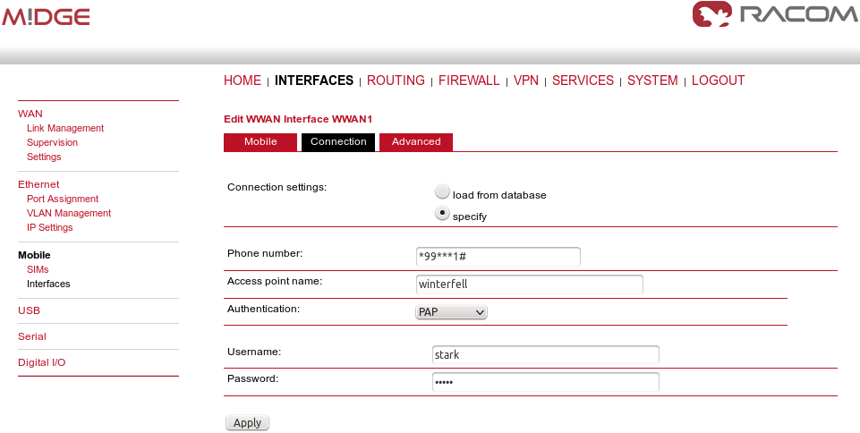 Private APN configuration