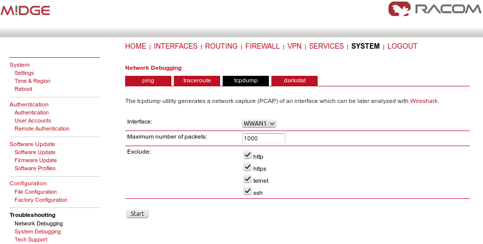 Tcpdump via Web interface