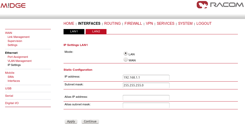 Central M!DGE LAN1 configuration