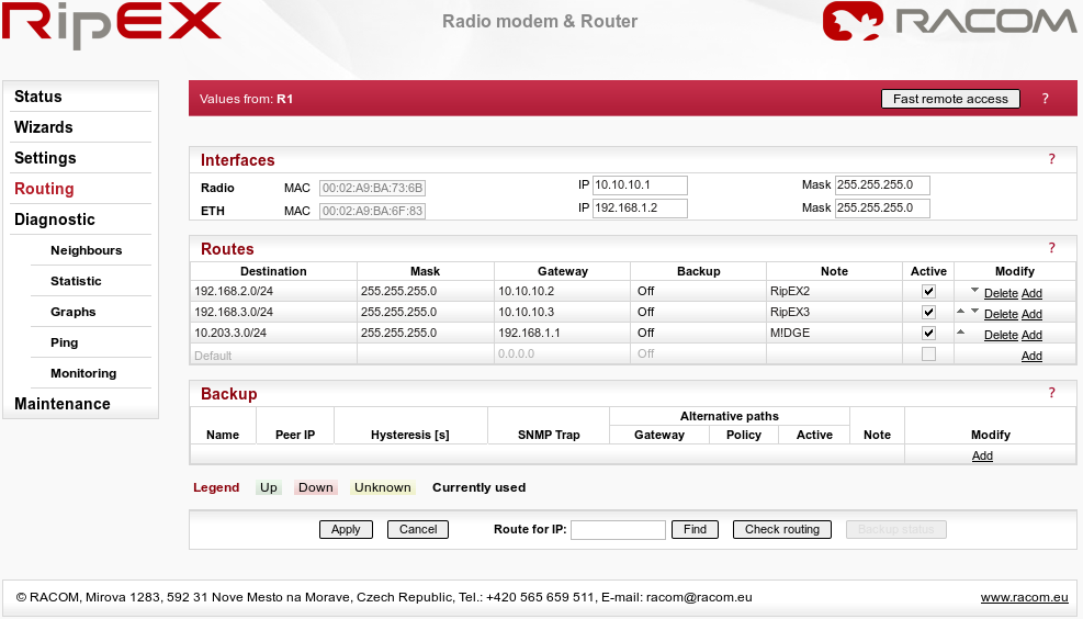 Central RipEX routing menu