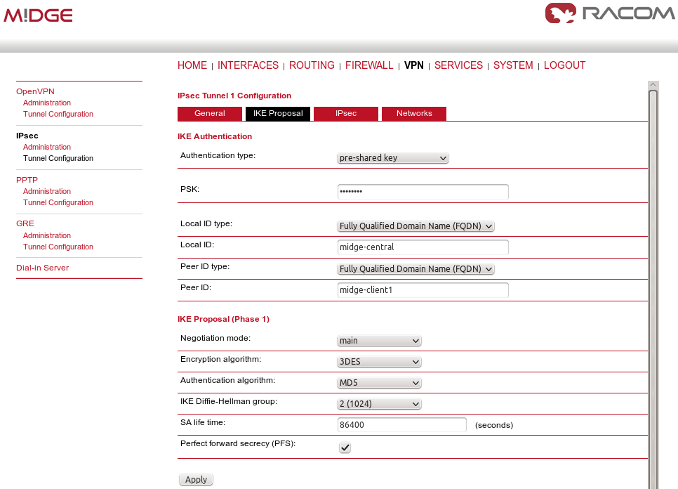 IPsec central's IKE Proposal tab