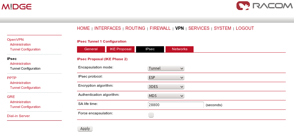 IPsec central's IPsec Proposal tab