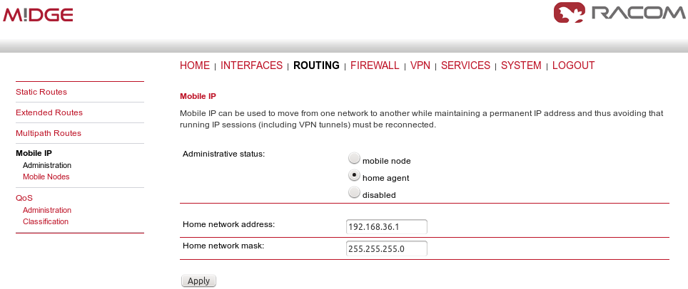 Mobile IP Home agent configuration