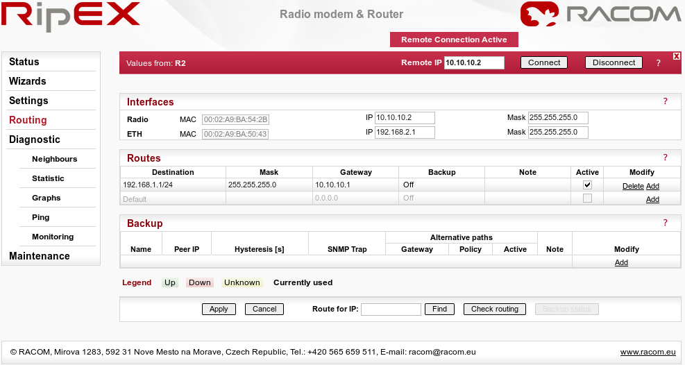 Remote RipEX Routing menu