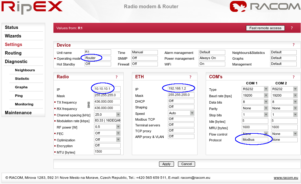 RipEX Center Settings