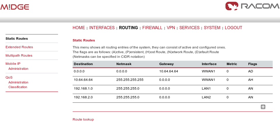 Routing menu – bridged mode