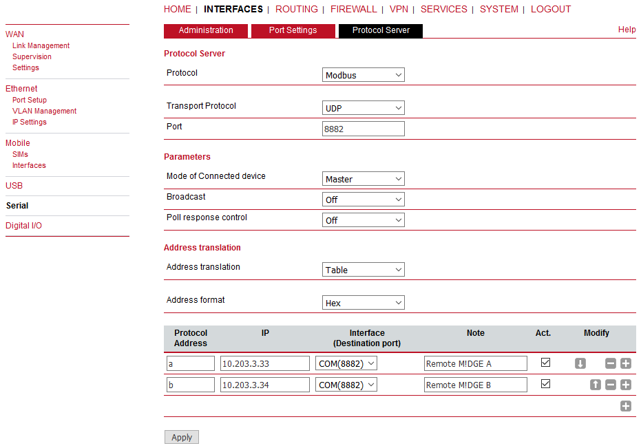 Modbus Master configuration