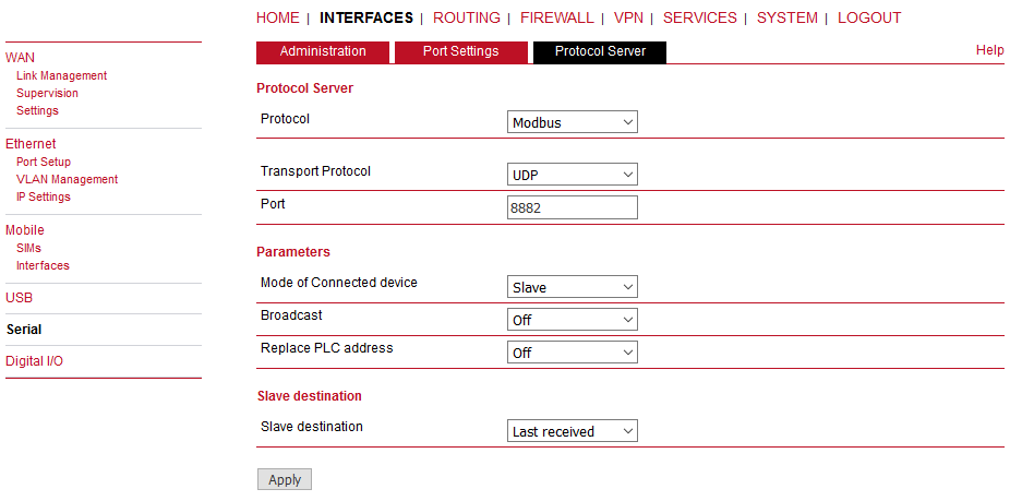 Modbus Slave configuration