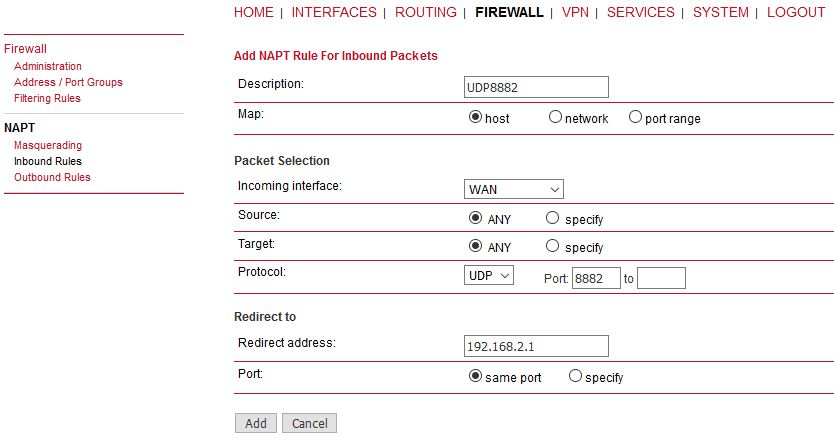 M!DGE Port forwarding rule – Protocol server (LAN1 IP is 192.168.2.1/24)