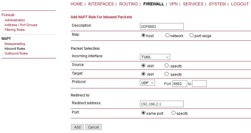 M!DGE Port forwarding rule – Protocol server (LAN1 IP is 192.168.2.1/24)
